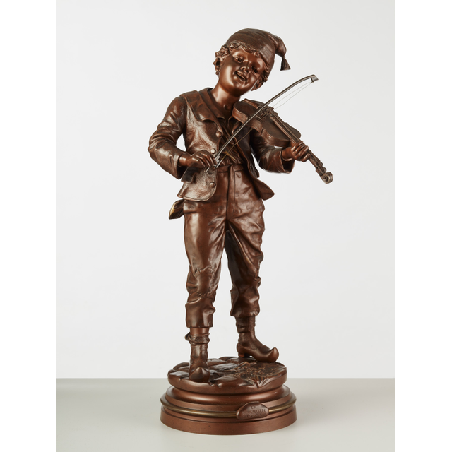 A French Bronze Sculpture of boy playing violin, signed E Carlier, circa 1880