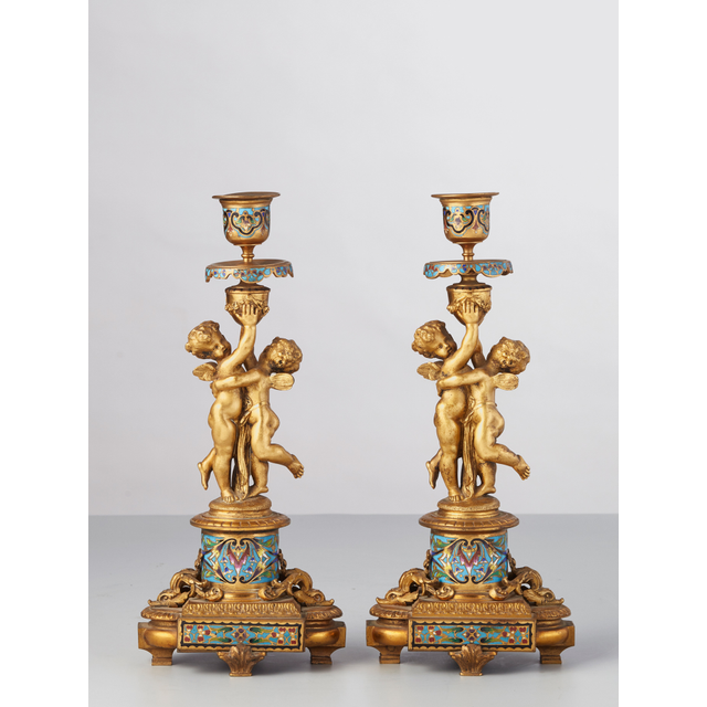 Enamel and ormolu French candlesticks circa 1860
