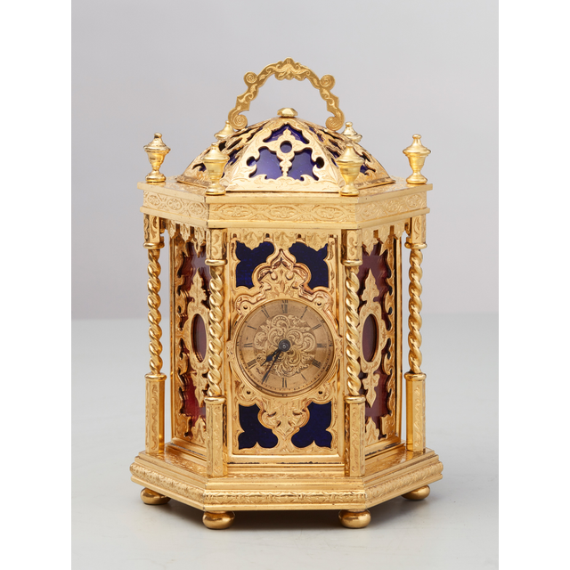 A very unusual hexagonal English 'Gothic Revival' travelling clock by Howell James, circa 1870