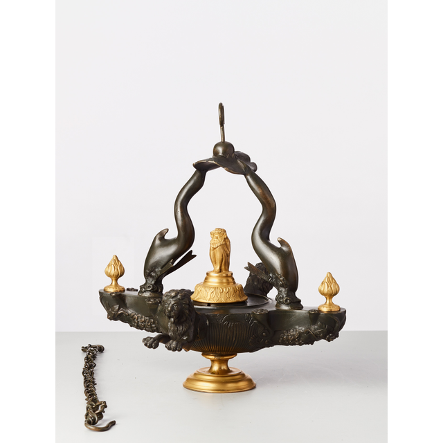 An unusual French Charles X bronze hangIng or table oil-lamp, circa 1830