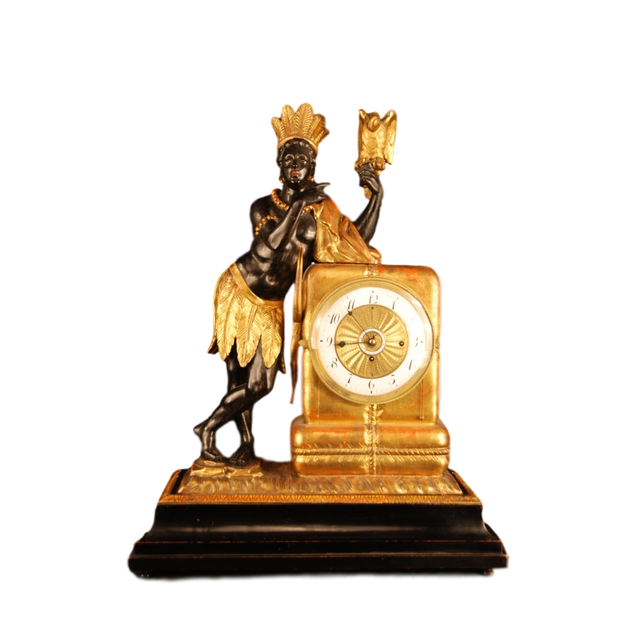 Abs-06 Wooden viennese 'au bon sauvage' clock with moving eyes automaton and music box.