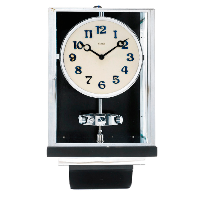 W35  Large nickel plated Art Deco J. L. Reutter Wall Hanging Three-Glass Atmos Clock.