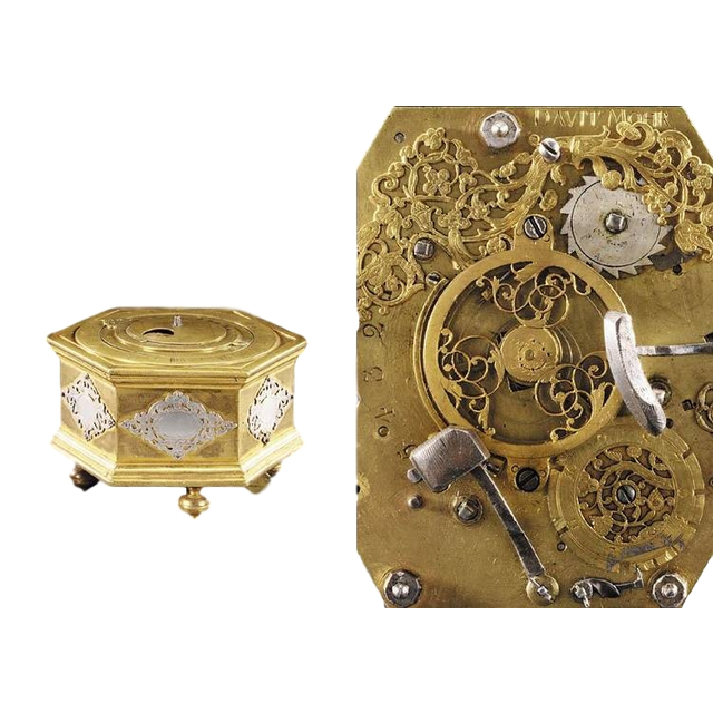 T14 Gilt brass and silver mounted hexagonal table clock with moon phase and alarm.