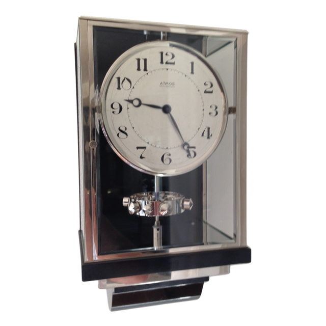 W39 Large Nickel Plated Art Deco J. L. Reutter Wall Hanging Three-Glass Atmos Clock.