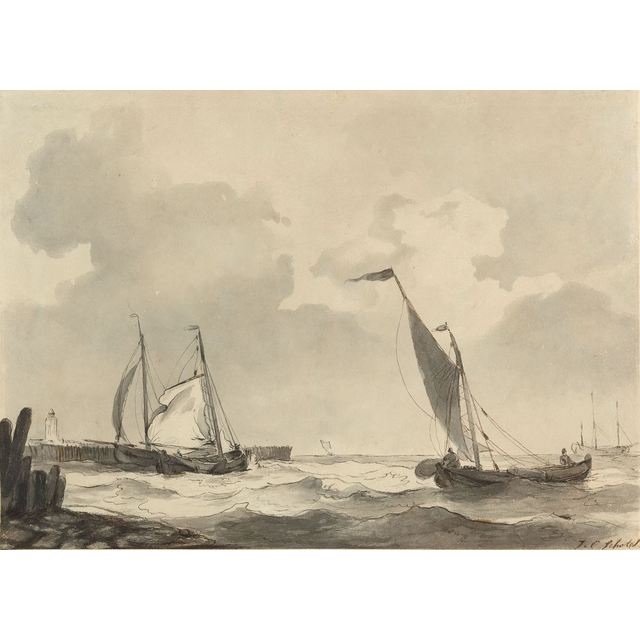 P45 Fischboote in der Nähe der Küste - Signiert u.r. J.C. Schotel - Feder in Braun, Tinte in Schwarz/Braun und Grauwäsche auf Papier auf Karton