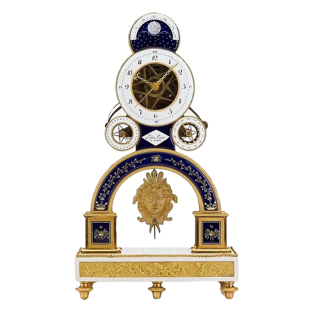 S20 Directoire ormolu and enamel pendule squelette, the movement by Nicolas-Alexandre Folin, enamel by Georges-Adrien Merlet,
