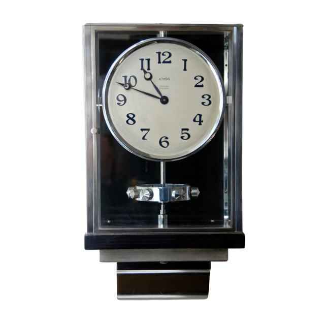 W45 Large Nickel Plated Art Deco J. L. Reutter Wall Hanging Three-Glass Atmos Clock.
