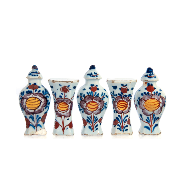 Miniature Garniture of Five Dutch Delft Polychrome Vases for in a Doll's House