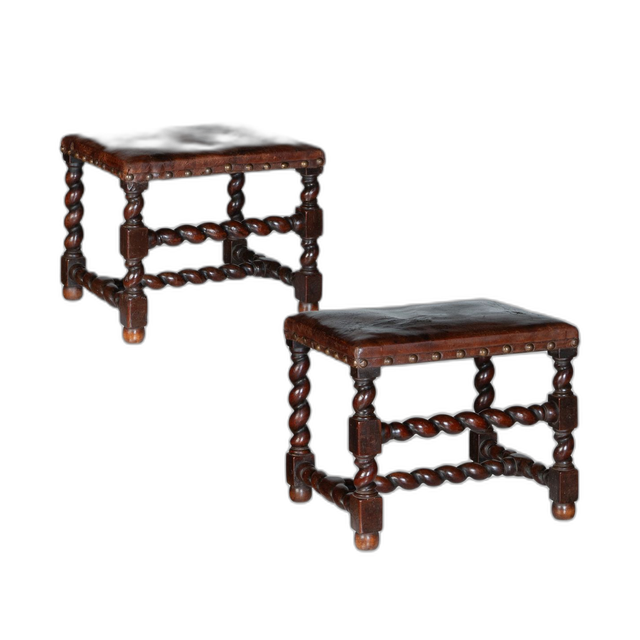 Fine Pair 17th Century Twist Baroque Walnut Stools with Leather Upholstering