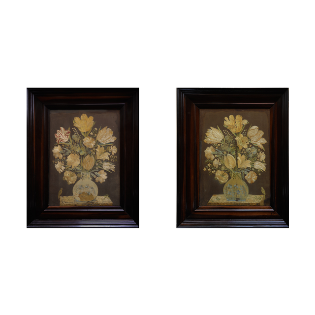 A Pair of 17th Century Embroideries depicting Still-lifes of a Bouquet of Tulips