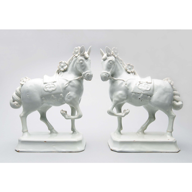 Pair of White Delft Figures of Horses