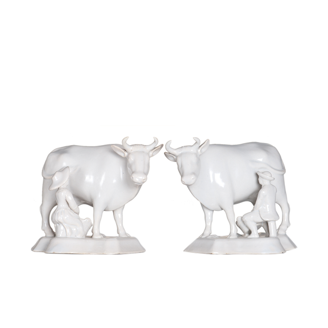 A Pair White Dutch Delft Cows with Milkers