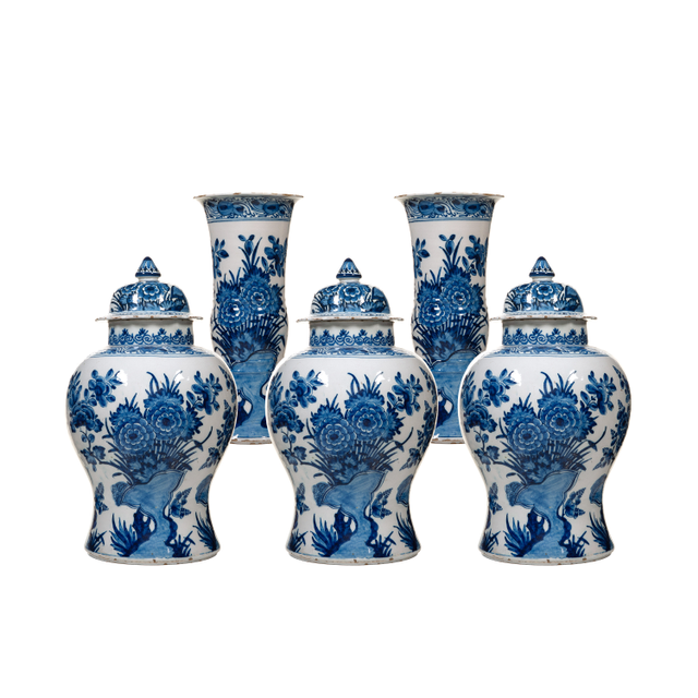 A Five Piece Blue and White Dutch Delft Garniture