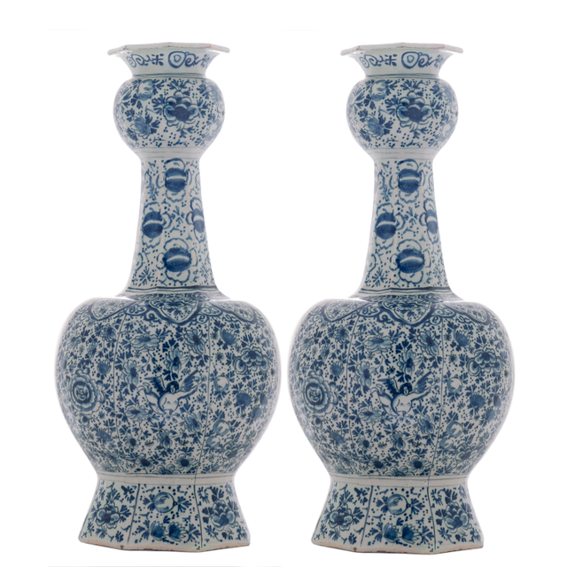 A Pair of Blue - White Knobbel Vases in Dutch Delftware