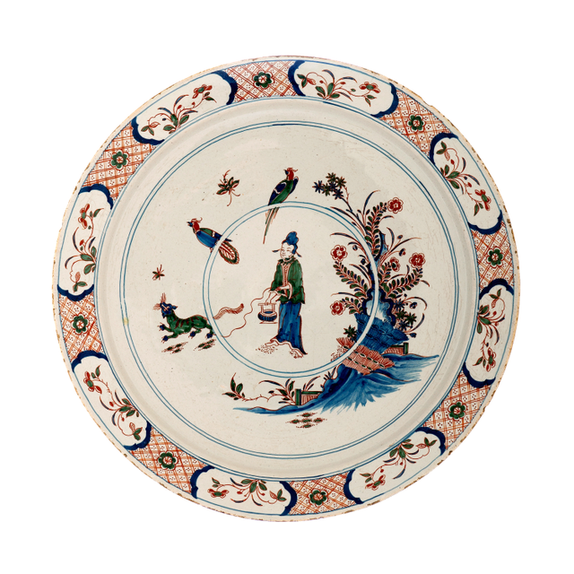 A Very Large Polychrome Chinoiserie Charger in Dutch Delftware