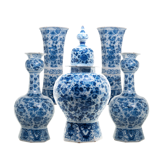A Blue and White Dutch Delft 5-Piece Garniture