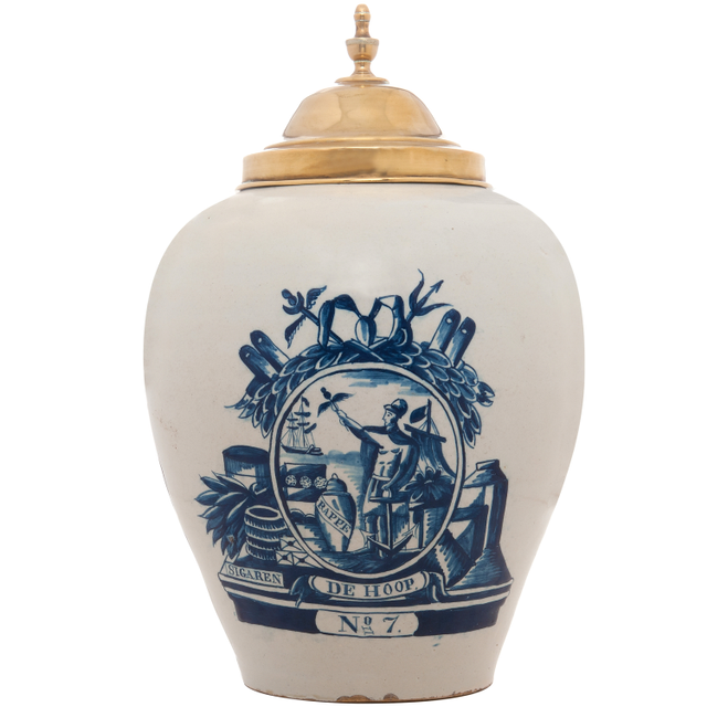 A Dutch Delft Tobaccojar 'De Hoop' with Copper Lid
