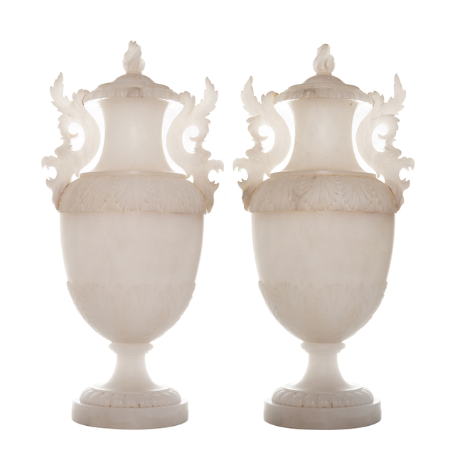 XIX Century Pair of Large Italian Alabaster Covered Urns
