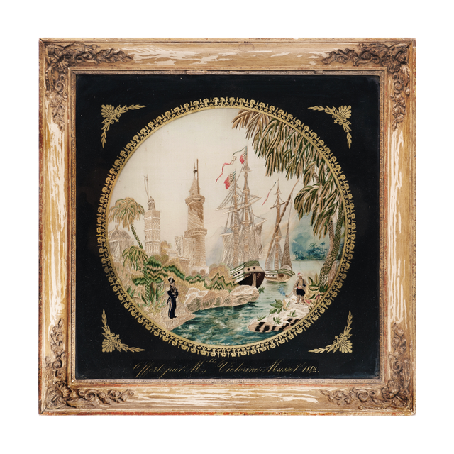 An Eglomise Framed Needlework Panel, with Oriental Scenery and French Ship