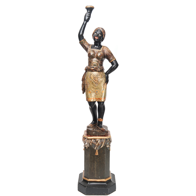 Carved Venetian Painted Female Blackamoor Torchere, on Stand