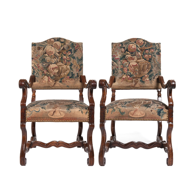 A Good Pair of Gobelin Upholstered Walnut Louis XIV Arm Chairs