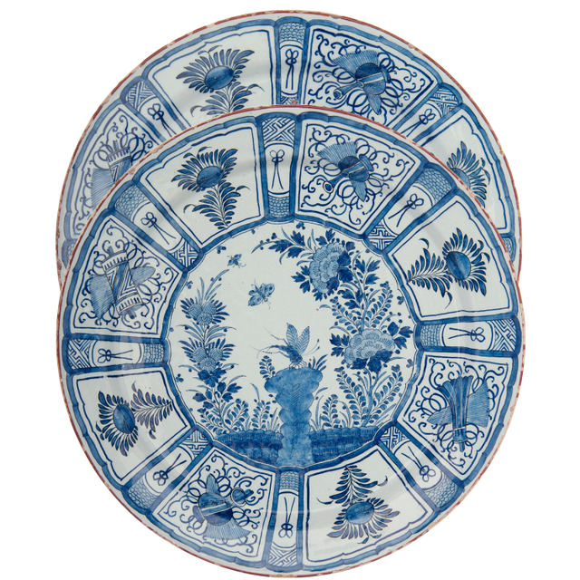 A Pair of Blue and White Delft Earthenware ‘Kraak’-Style Large Dishes