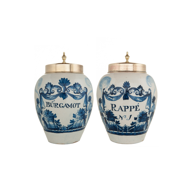 A Pair of Blue and White Delft Earthenware Tobacco Jars 'Búrgamot' and 'Rappé'