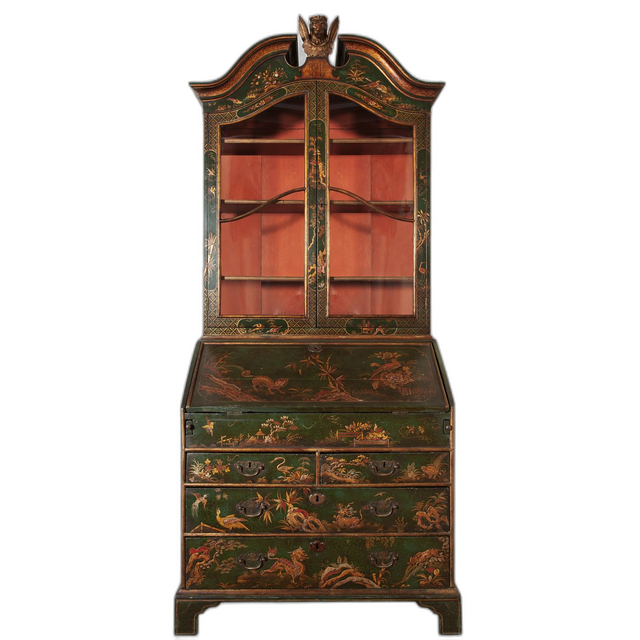 An English Laqué Secretary Bookcase with Chinoiserie Decor