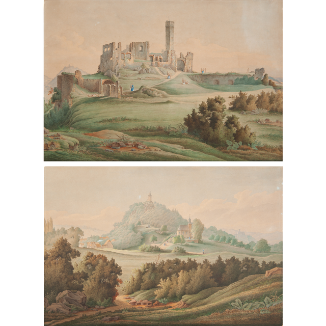 Pair of Gouaches on Paper - View of Frankenstein Castle - Landscape in Königstein