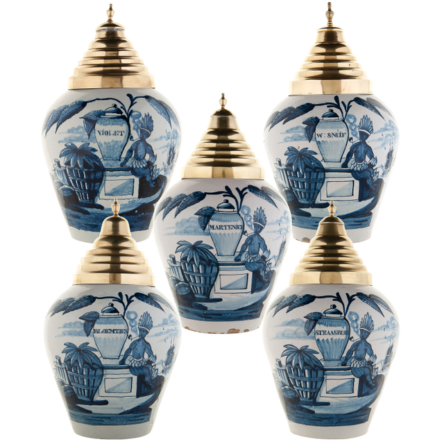 A Set of Five Blue and White Dutch Delft 'VOC' Tobacco Jars