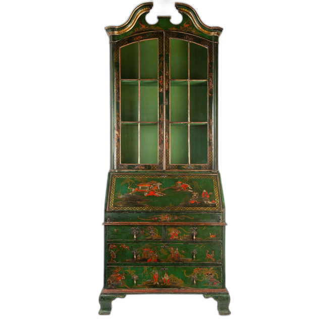 An English Laqué Secretary Bookcase with Chinoiserie Decor