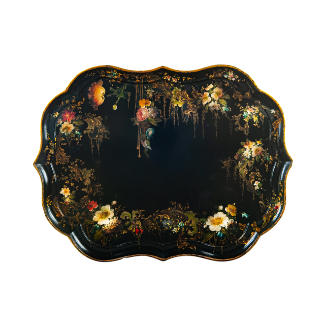 19th Century Papier Mâché Scalloped Tray Table on Faux Bamboo Base -  B. Walton & Co.