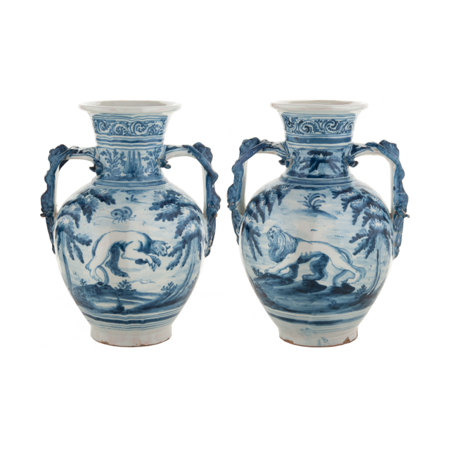 A Pair Tin-Glazed Earthenware Blue and White Vases