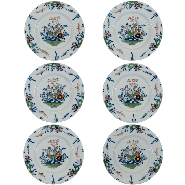 A Set of 6 Polychrome Dutch Delft Dishes