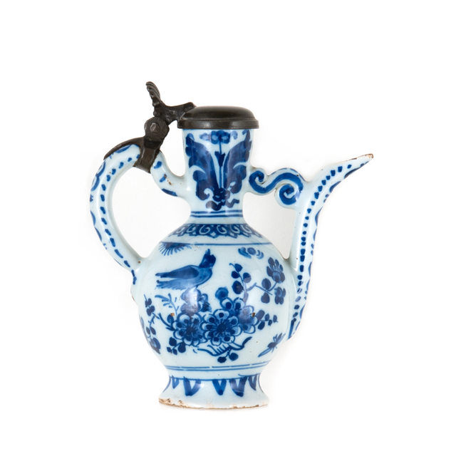 A Dutch Delft Blue and White Chinoiserie Wine Ewer Mounted  with a Pewter Period Cover