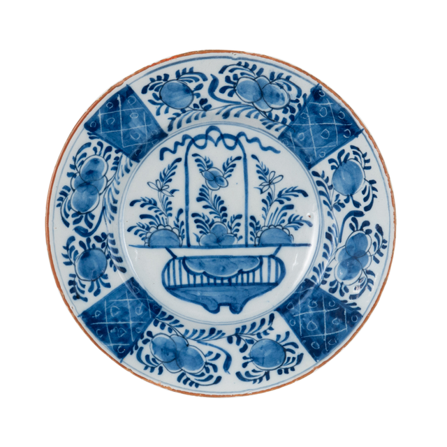 Een Blauw-witte Delfts Schotel met een Decor van een Hengselmand