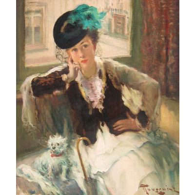 Dame in witte jurk met hond