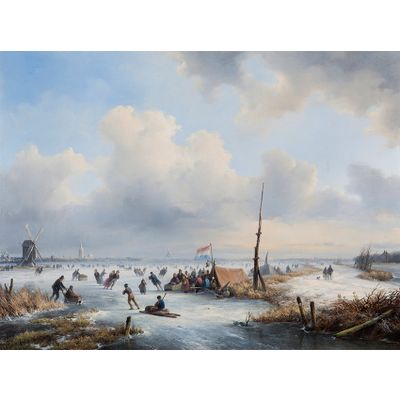 Winterlandschap met schaaters bij een koek en zopie