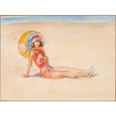 Dame met parasol op het strand van Viareggio