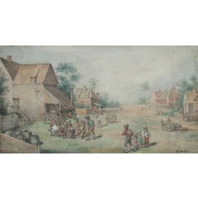 Dorpslandschap met drinkende boeren voor een herberg