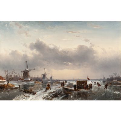 Dutch winterlanschap with three windmills and a koek-and-zopie