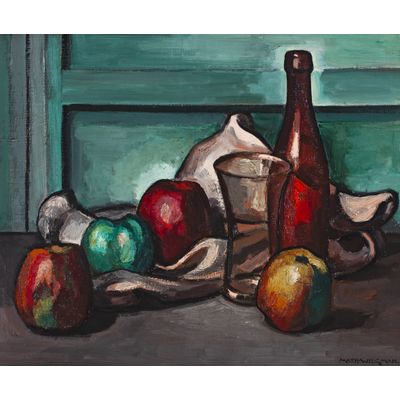 Still life with apples, glass and bottle