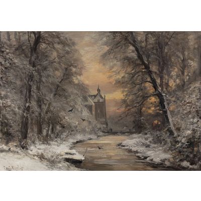 LOUIS APOL (1850-1936) – WINTER FOREST SCENE WITH DE CANNENBURCH CASTLE IN VAASSEN