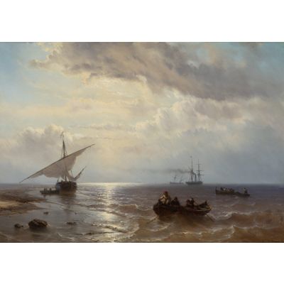 LOUIS JOHAN HENDRIK MEIJER (1809-1866) – SHIPS OFF THE COAST WITH FLAT BOTTOM WITH LOWERED SAILS ON THE LEFT (1858)