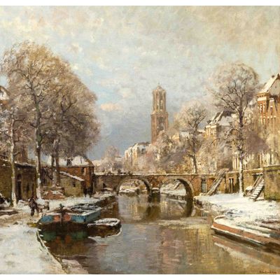 A winter view of the Oude Gracht in Utrecht with the Geertebrug, in the distance the Domtoren