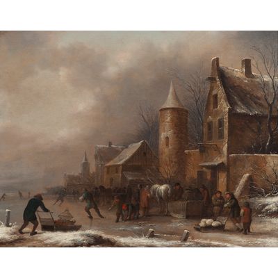 Peasants skating on a frozen river