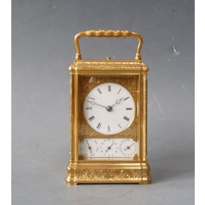 Een mooie gorge case  Franse reiswekker, Drocourt, 8 daags, kalender en wekker, gedateerd 1868.