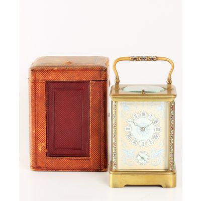 Corniche cased carriage clock cloisonné enamelled columns and handle, and porcelain front