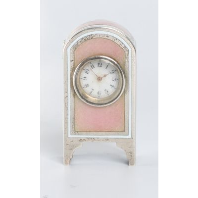 A miniature Swiss silver pink translucent guilloche enamel timepiece, circa 1900.
