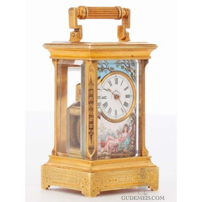 A sub miniature Swiss gilt brass and enamel carriage clock, circa 1890.